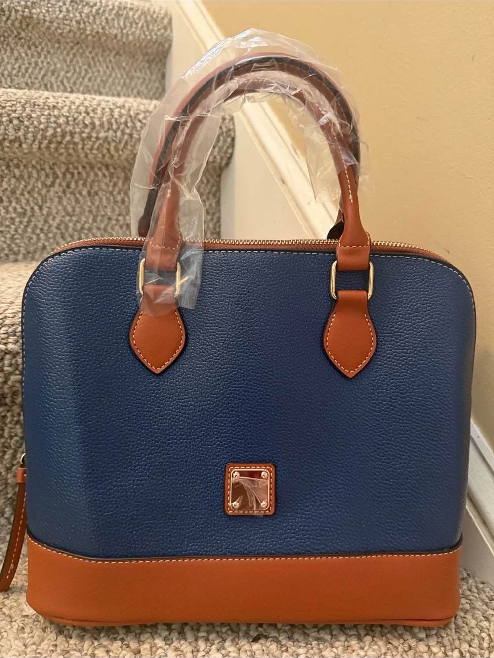 Navy and Tan Leather Satchel - Women Bags
